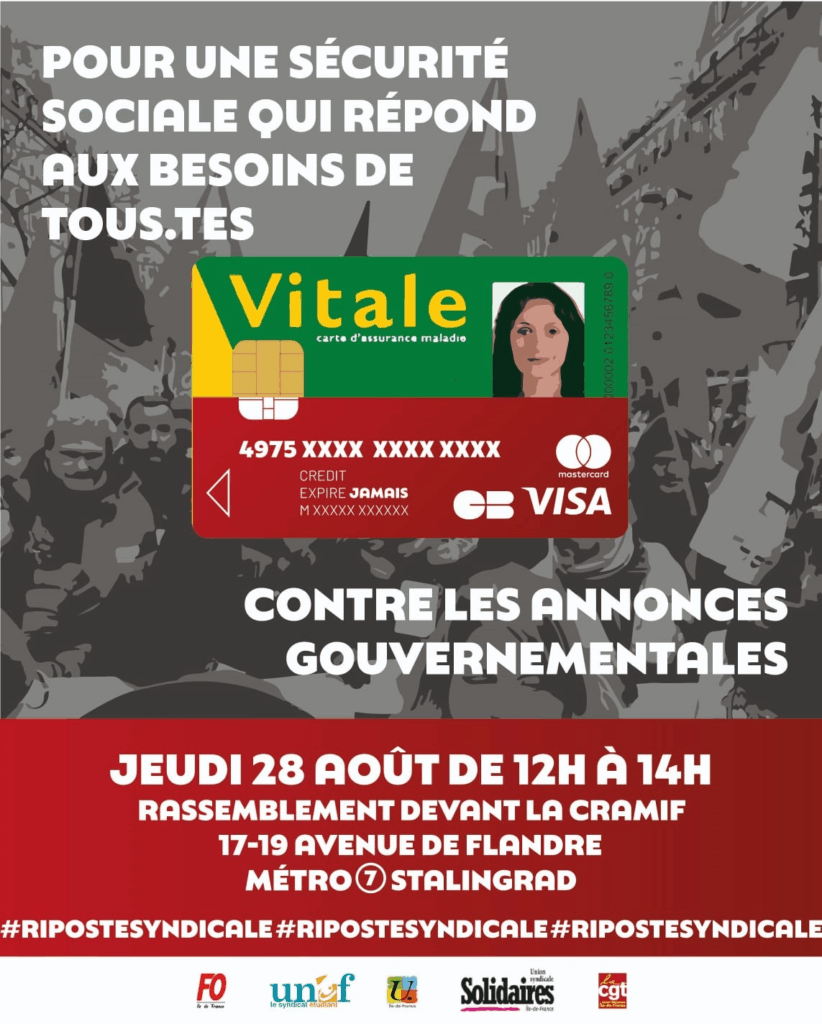 Tract pour appeler au rassemblement du 28 aout 2025 de 12h à 14h devant la CRAMIF, 17-19 avenue de flandre, métro Stalingrad.